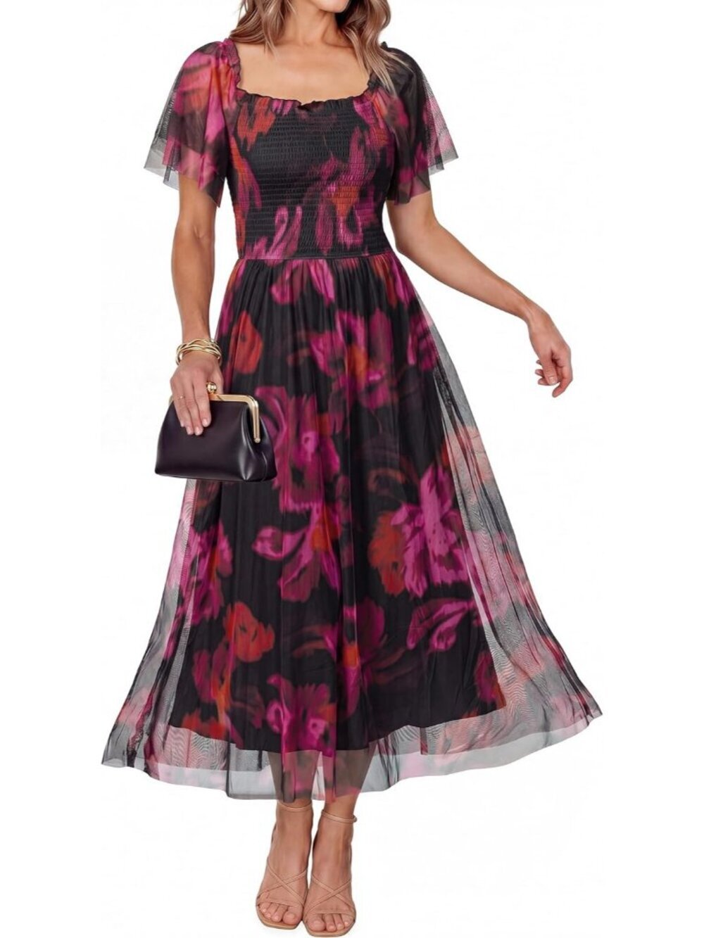 Women's Floral Black Red Stylish Sleeve Square Neck Mesh Smocked Boho Maxi Dress